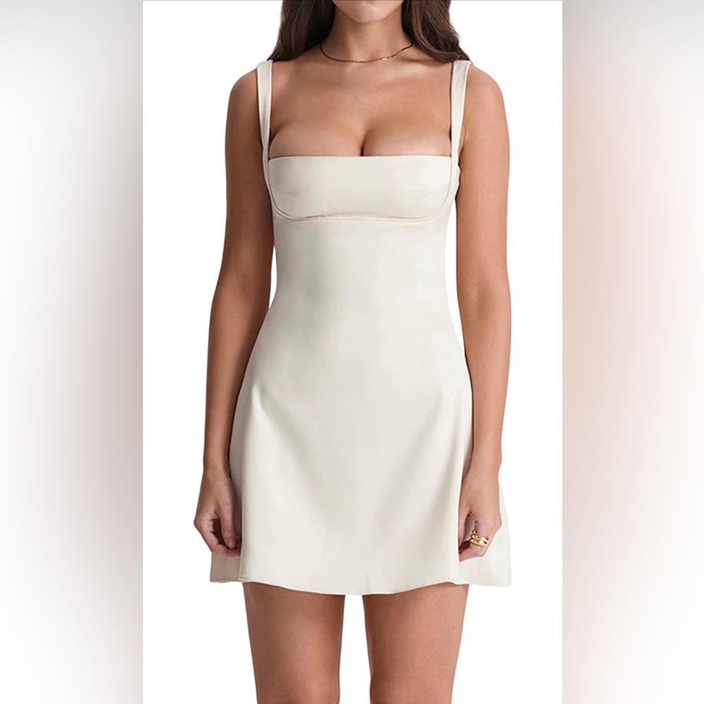 NWT (XS) Silky Satin Y2k Empire A-Line Mini Dress Cream Off-White Ivory